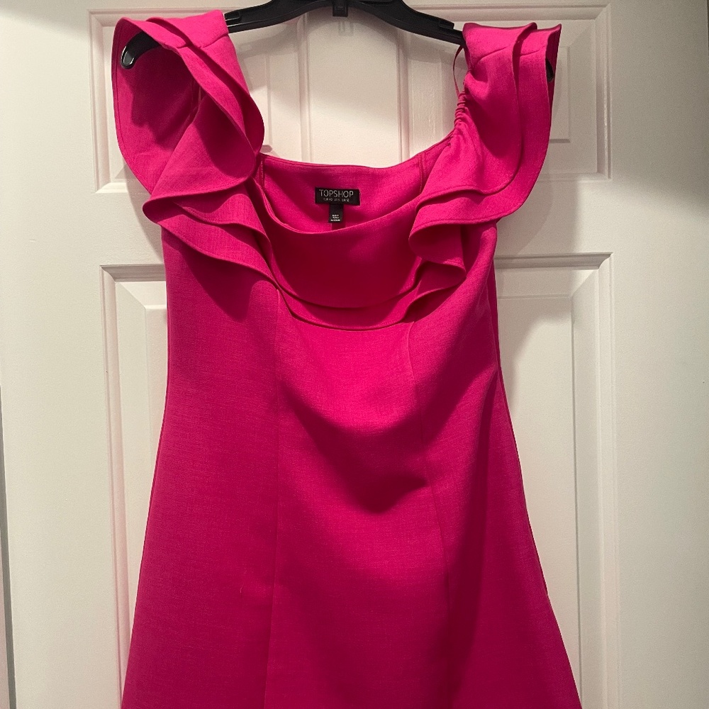 TOPSHOP Hot Pink Ruffle Off-The-Shoulder Mini Party Dress Size 8